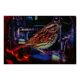Póster Cyberpunk Sparrow em Neon Cityscape