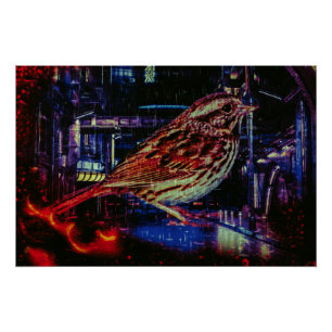 Póster Cyberpunk Sparrow em Neon Cityscape