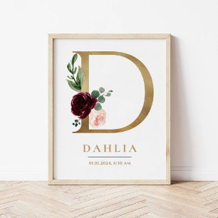 Poster D - Letra Monograma Nome Marsala Floral Nursery