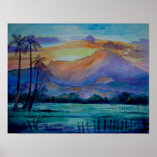 Poster da arte da aguarela do nascer do sol do