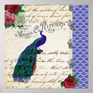 Poster da arte da colagem do pavão do vintage