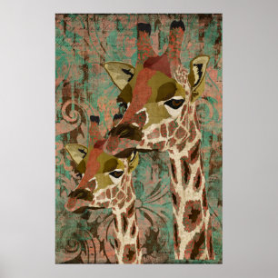Poster da arte do damasco dos girafas de Rosa