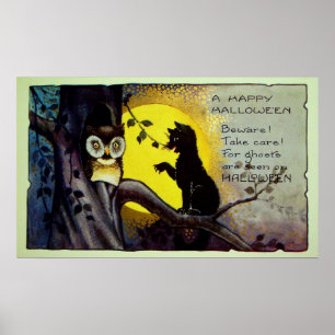 Poster da decoração da coruja do gato preto do D