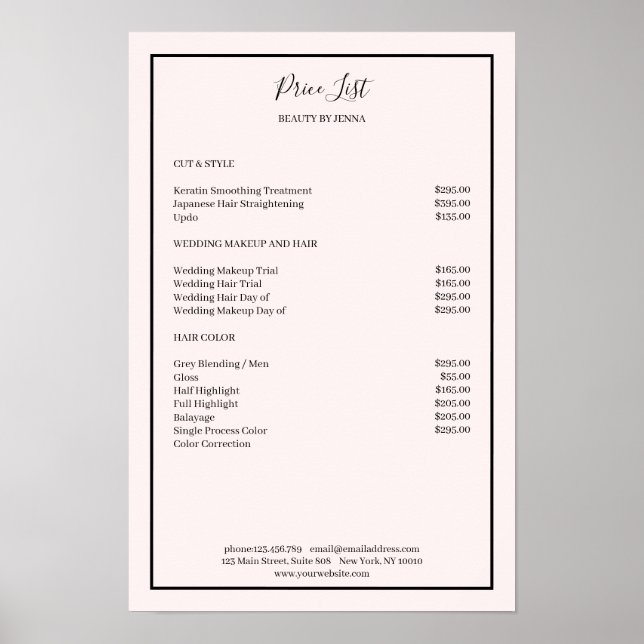 Poster da Lista de Preços Preto Simpel Lightpink (Frente)
