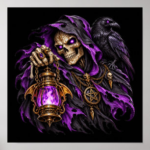 Poster da Morte Gótica e Corvo - Chama Roxa