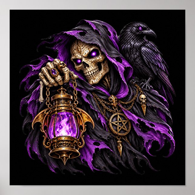 Poster da Morte Gótica e Corvo - Chama Roxa (Frente)