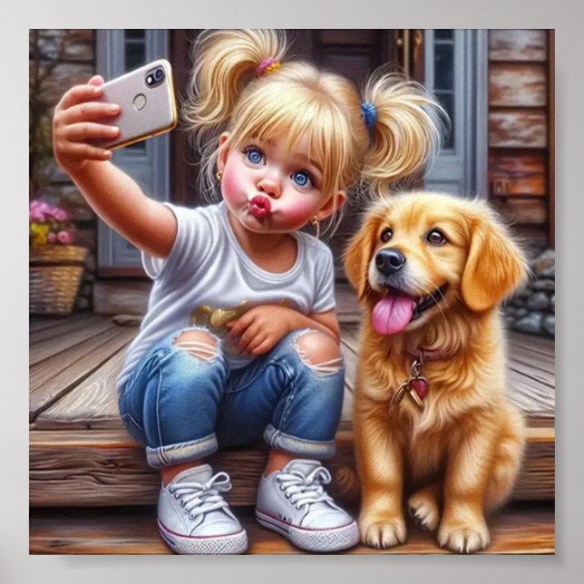 Poster da Muralha Selfie de Menina e Cão (Frente)