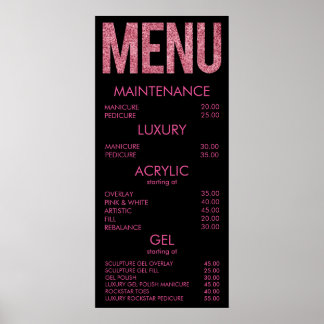 Poster da Parede do Menu do Salão Glitter Preto e
