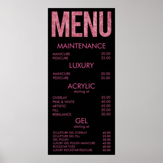 Poster da Parede do Menu do Salão Glitter Preto e  (Frente)