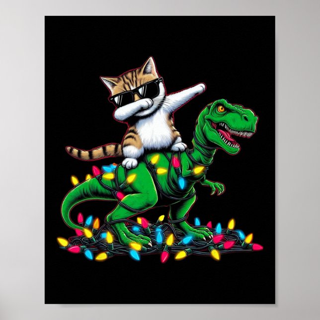 Poster Dabbing Aegean Cat Em Luzes Xmas Dinossauro T Rex  (Frente)
