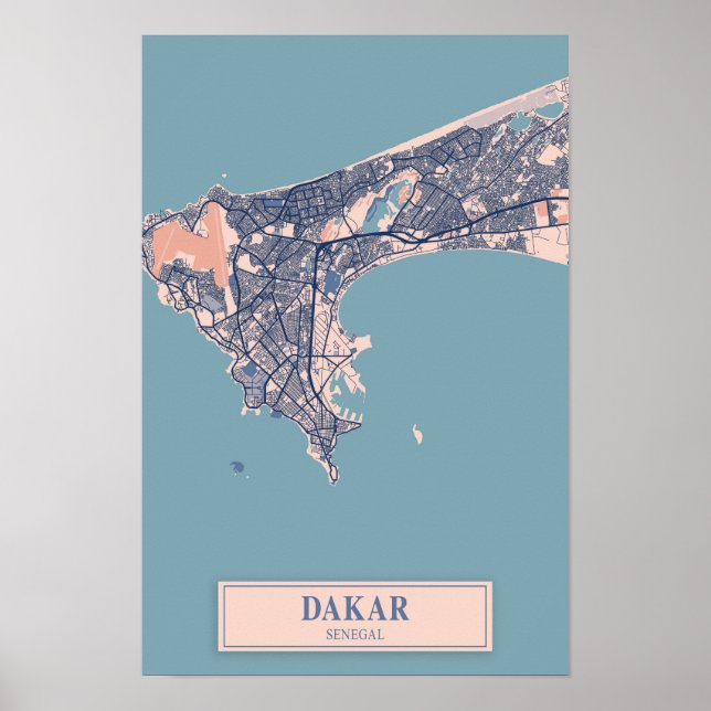 Poster Dacar Senegal África Mapa da Cidade Ventilada Viag (Frente)