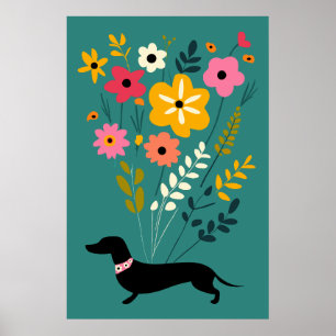 Poster Dachês e Flores Vintage Retro Floral
