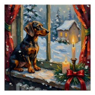 Póster Dachshund Antigo junto à Janela de Natal Aconchega