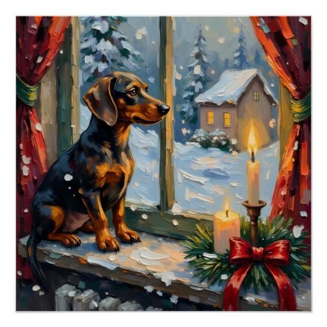 Póster Dachshund Antigo junto à Janela de Natal Aconchega (Frente)
