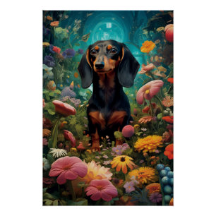 Póster Dachshund Cercado Por Vários Tipos De Flores