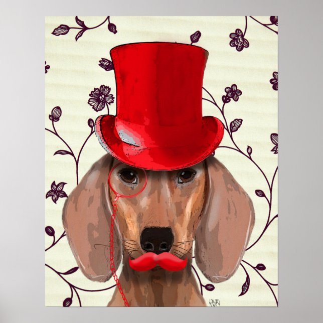 Póster Dachshund Com Chapéu Vermelho Superior (Frente)
