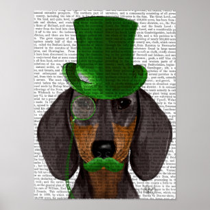 Póster Dachshund com Preto de Chapéu Superior Verde