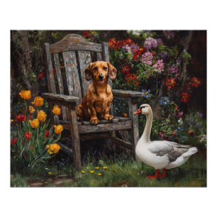 Póster Dachshund com um ganso em um jardim