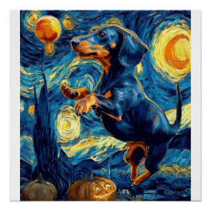 Póster Dachshund da noite estrelada de van gogh halloween