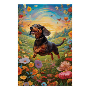 Póster Dachshund Dançando Com Uma Borboleta Colorida