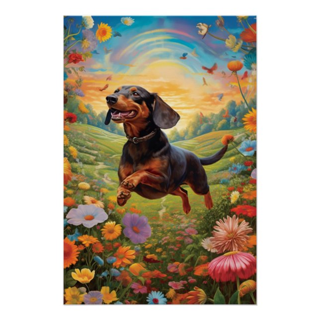 Póster Dachshund Dançando Com Uma Borboleta Colorida (Frente)