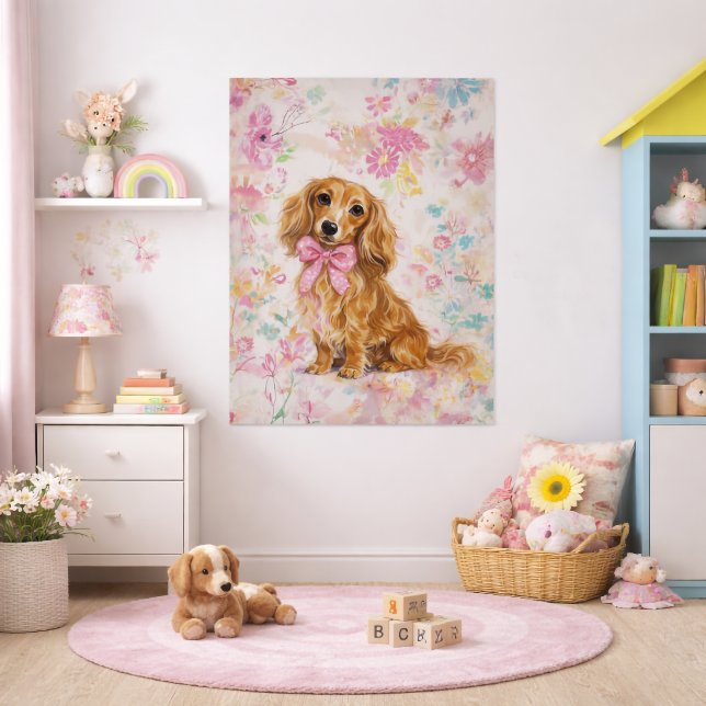 Poster Dachshund de Cabelo Longo Aquarela Pastel Floral (Long Hair Dachshund Watercolor Pastel Floral Poster)