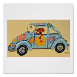Póster Dachshund em carro hippie