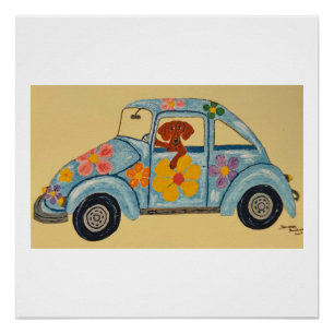 Póster Dachshund em carro hippie