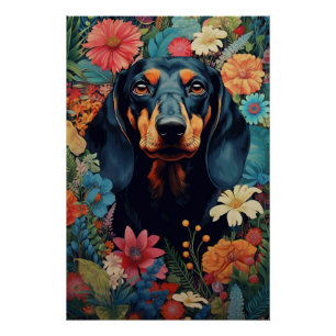 Póster Dachshund Em Meio A Sinfonia Das Flores