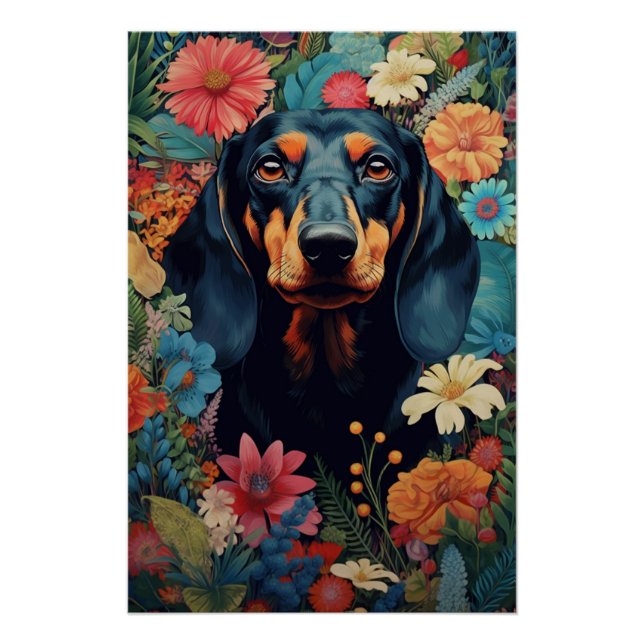 Póster Dachshund Em Meio A Sinfonia Das Flores (Frente)