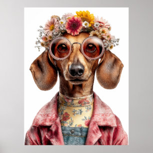 Poster Dachshund Floral com Estilo Vintage