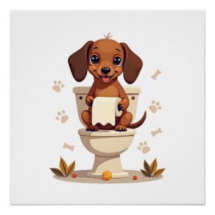 Póster Dachshund Fofo Antigo no Cartoon de Banheiro com V