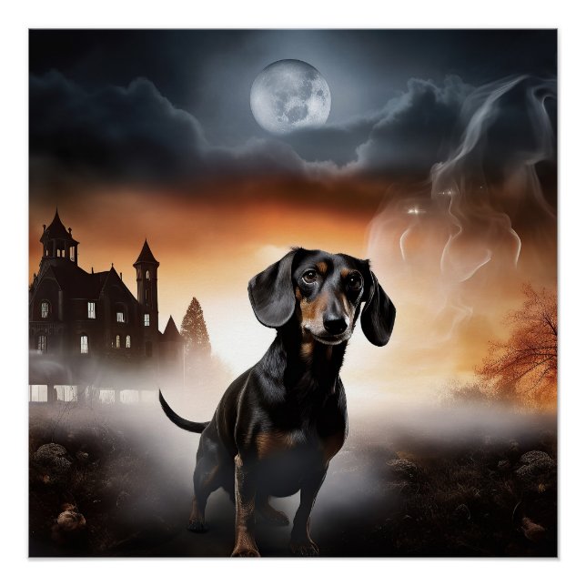 Póster Dachshund Halloween Assustador (Frente)
