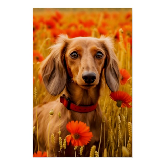 Póster Dachshund Num Campo De Flores (Frente)