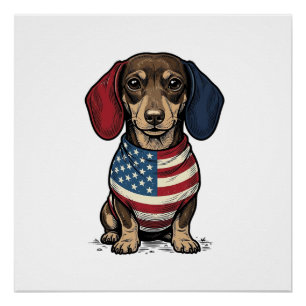 Póster Dachshund Patriótico Desenho Vetorial de Gravura V