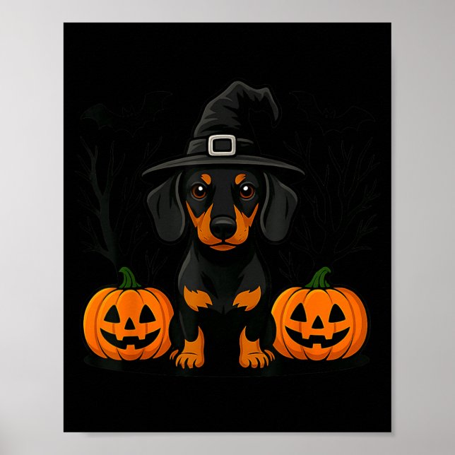 Poster Dachshund Preto e Dourado de Halloween Bruxa Assus (Frente)
