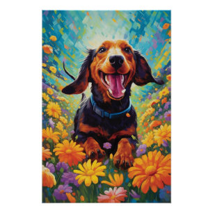 Póster Dachshund Rastreando Num Campo De Flor Colorida