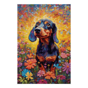 Póster Dachshund Rastreando Num Campo De Flor Colorida
