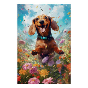 Póster Dachshund Rastreando Num Campo De Flor Colorida