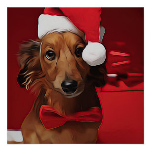 Póster Dachshund Sentado Em Frente A Um Presente De Natal