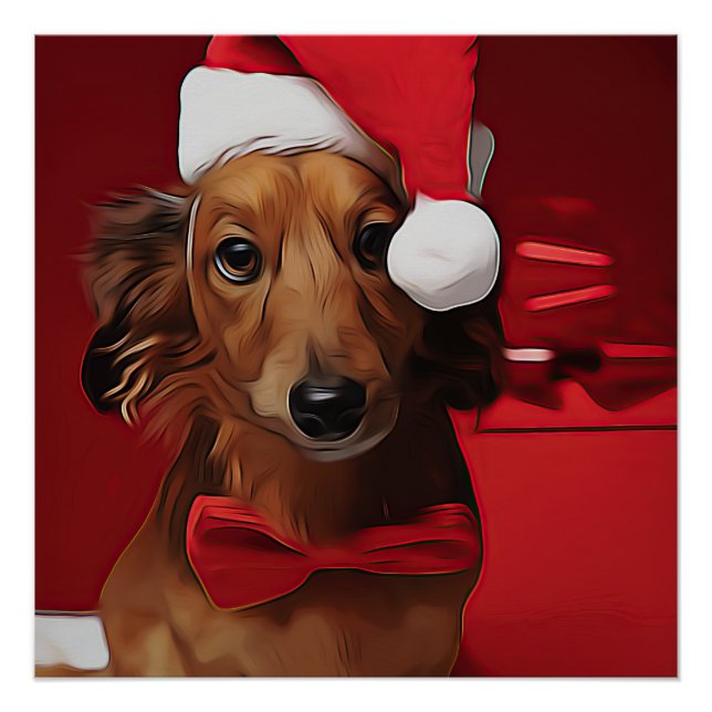 Póster Dachshund Sentado Em Frente A Um Presente De Natal (Frente)