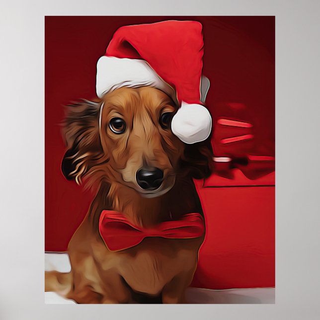 Poster Dachshund Sentado Em Frente A Um Presente De Natal (Frente)