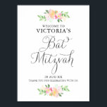 Póster Dacil Watercolor Florals Bat Mitzvah Sinal de Boas<br><div class="desc">Um símbolo elegante e feminino do Bat Mitzvah floral,  bem-vindo,  com flores a aquarela e guião balnear. Este sinal de boas-vindas é perfeito para primavera e Bat Mitzvah de Verão.</div>