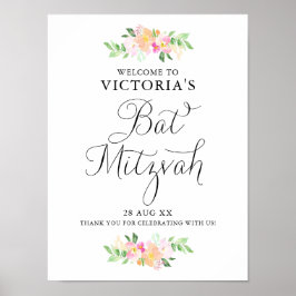 Póster Dacil Watercolor Florals Bat Mitzvah Sinal de Boas