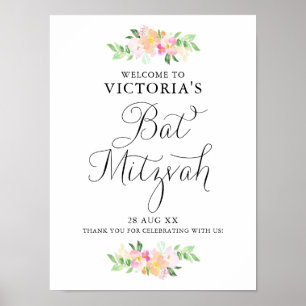 Póster Dacil Watercolor Florals Bat Mitzvah Sinal de Boas