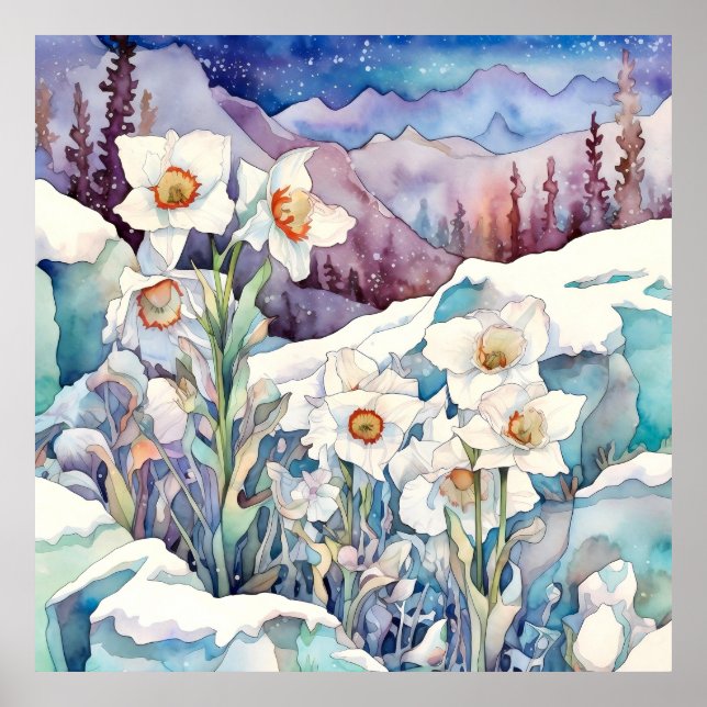 Poster Daffodil Sob Arte De Parede De Neve, Quadrado Flor (Frente)