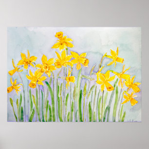 Poster daffodils amarelo pintado à mão aquarela