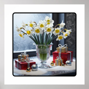 Poster Daffodils e presentes em uma janela de neve