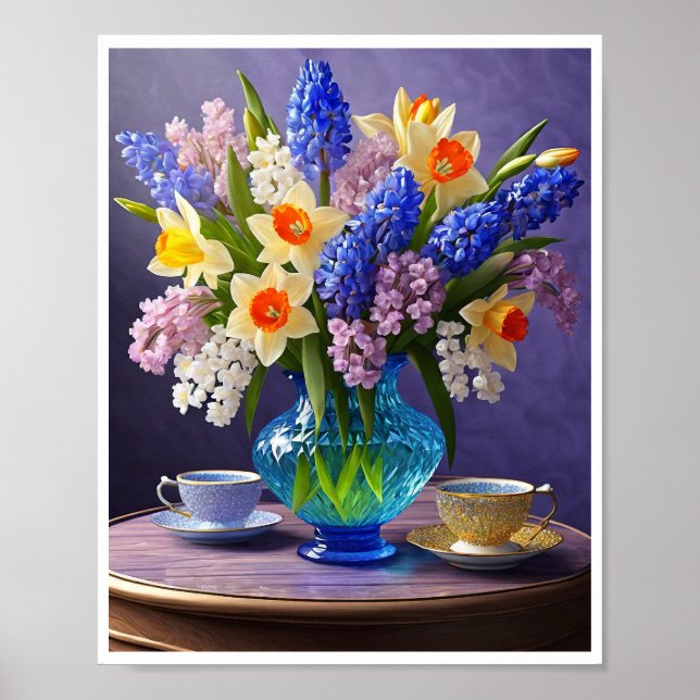 Poster Daffodils Hiacintos Vidro Azul Vases Teares (Frente)