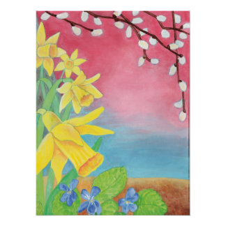 Póster Daffodils, violetas selvagens e salgueiro-pussy